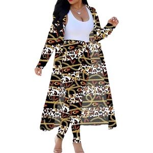 2pc Gold /Black Chain Link Long Sleeve Open Front Cardigan High Waist Pants